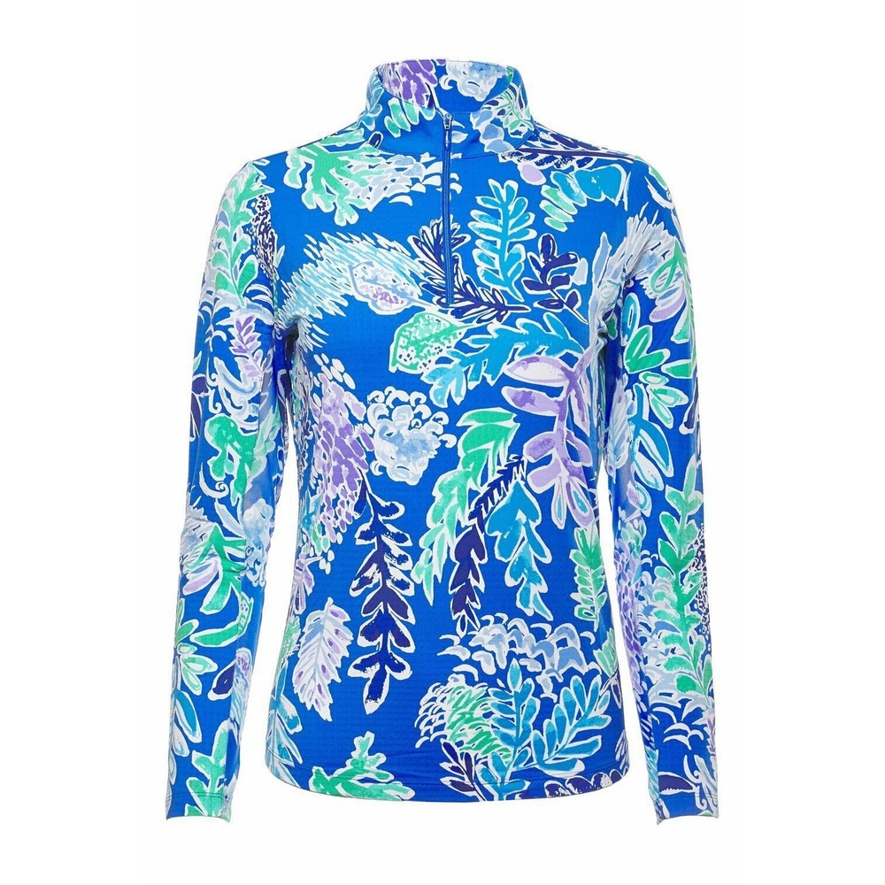 IBKUL Nessa Royal Blue Floral Quarter Zip Pullover IceFil Sun Shirt Medium